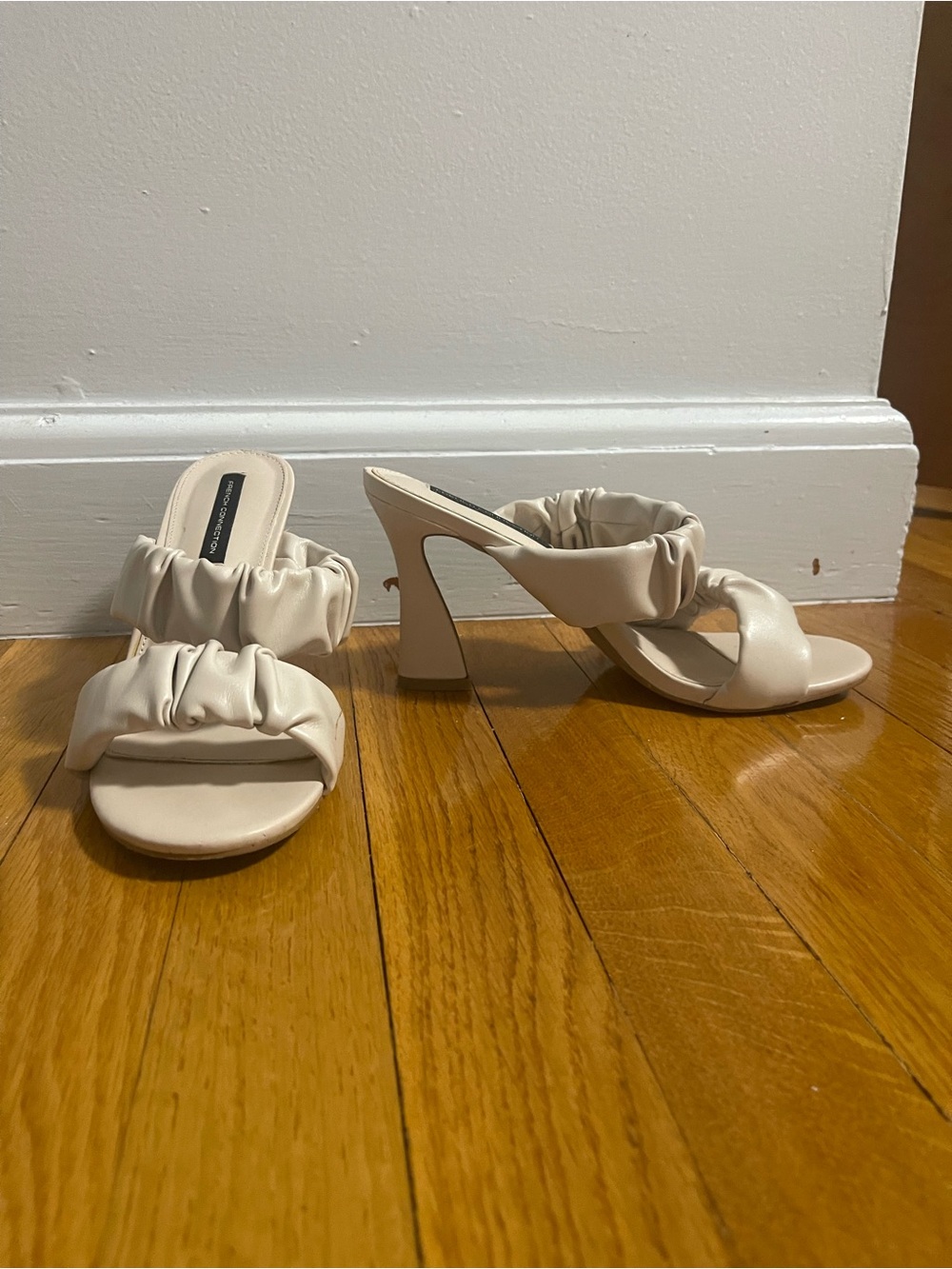 French Connection Cream Ruched Strap High Heel Mules
